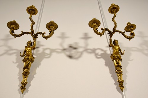 19th century - 19th Century, Pair of French Three-light Gitl Bronze Sconces