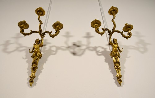 19th Century, Pair of French Three-light Gitl Bronze Sconces - 