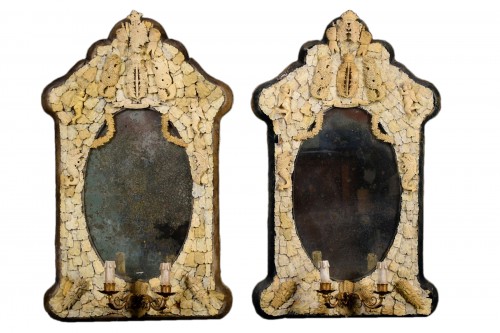 Pair of rare carved bone mirrors, France, Dieppe manufacture, 19th century