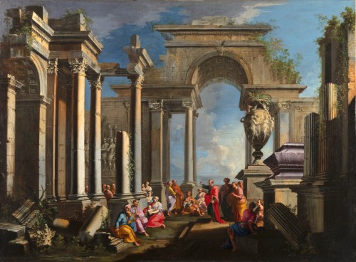 Tableaux et dessins  - Caprice architectural avec la prédication de saint Paul - Alberto Carlieri (1672-1720)