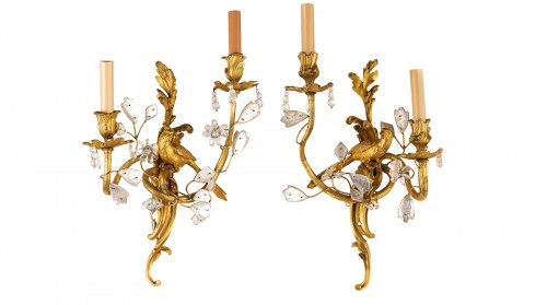 Pair Of Two-light Gilt Bronze And Rock Crystal Sconces 