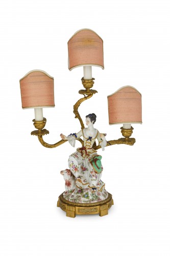 19th Century, Pair Of French Golden Bronze Candelabra And Polychrome Porcel - Lighting Style 
