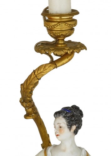 Lighting  - 19th Century, Pair Of French Golden Bronze Candelabra And Polychrome Porcel