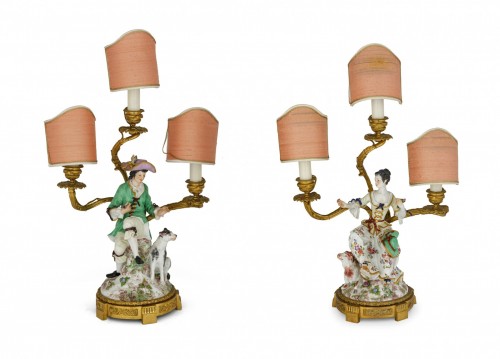 Antiquités - 19th Century, Pair Of French Golden Bronze Candelabra And Polychrome Porcel
