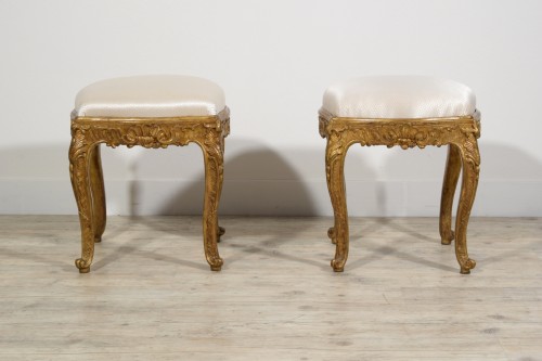 Louis XV - 18th Century, Italian Pair Of Gilt Wood Louis XV Stools