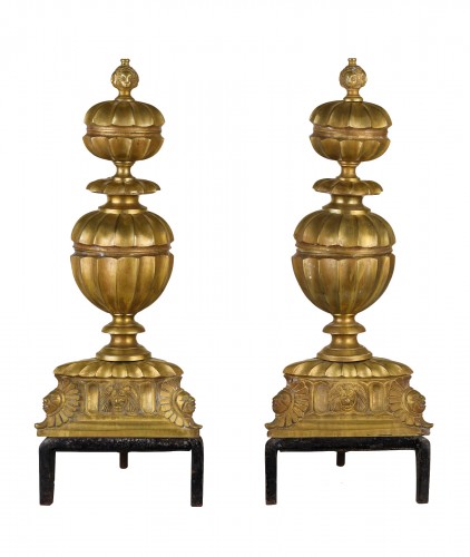 Pair of gilded and chiselled bronze fireplace chenets France 