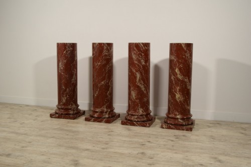 Decorative Objects  - 19th Century, Four Wood Columns Lacquered in Faux Rosso di Verona Marble