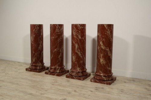 19th Century, Four Wood Columns Lacquered in Faux Rosso di Verona Marble - 