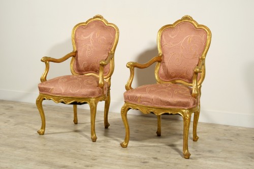 XIXe siècle - Paire de fauteuils en bois doré, Italie début XIXe siècle