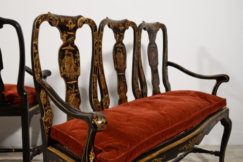 18th century - Pair Of Sofas Carved Walnut And Lacquered Chinoiserie, Venice,18th century
