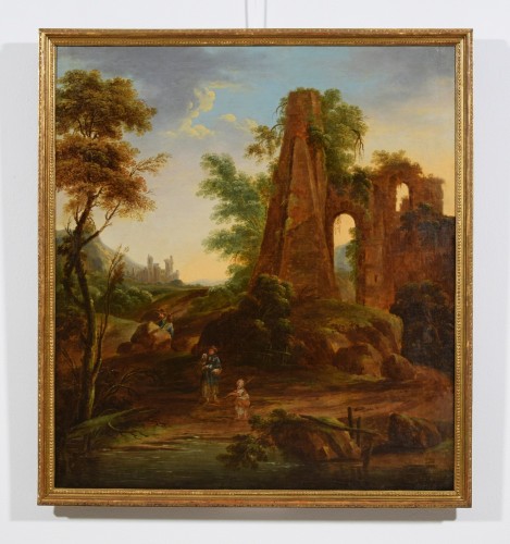 Paysage de ruines animées - École italienne du XVIIIe Siècle - Tableaux et dessins Style 