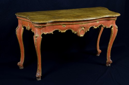 Console Vénitienne Baroque en bois laqué rouge et doré du XVIIIe siècle - Mobilier Style Louis XV