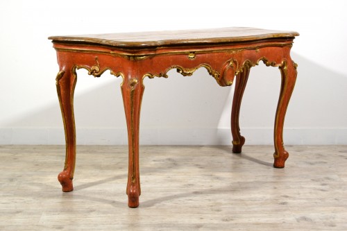 Louis XV - Console Vénitienne Baroque en bois laqué rouge et doré du XVIIIe siècle