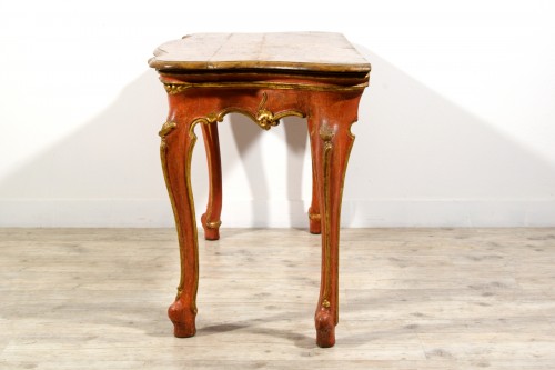 Antiquités - Console Vénitienne Baroque en bois laqué rouge et doré du XVIIIe siècle