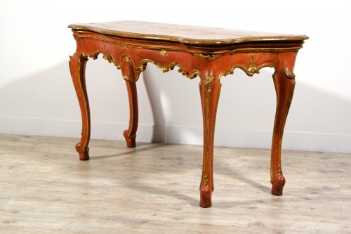 Antiquités - Console Vénitienne Baroque en bois laqué rouge et doré du XVIIIe siècle