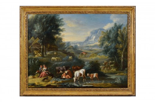 18th Century, Italian Archaic Landscape With Figures And Pastures