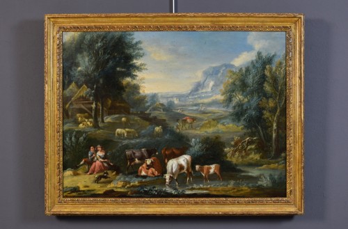 18th Century, Italian Archaic Landscape With Figures And Pastures - Paintings & Drawings Style 