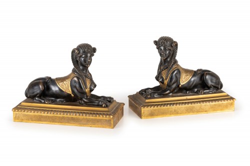  Pair of French Empire Gilt Patinated Bronze Sculptures Sphinxes