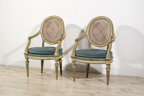 Paire de fauteuils néoclassiques en bois sculpté et laqué, Italie fin XVIIIe - Brozzetti Antichità