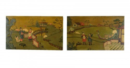 XX Century, Pair Of Italian Oil Paintings With Chinoiserie Landscapes 