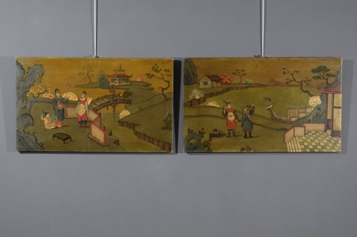 XX Century, Pair Of Italian Oil Paintings With Chinoiserie Landscapes  - Decorative Objects Style 