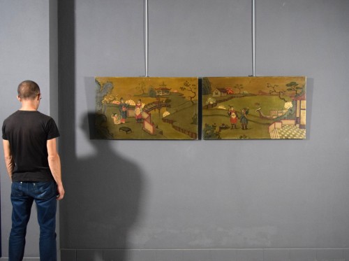 XX Century, Pair Of Italian Oil Paintings With Chinoiserie Landscapes  - 