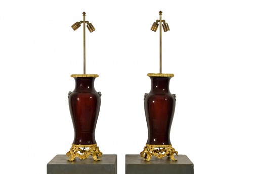 Pair Of Lamps Composed Of Ceramic Vase And Gilt Bronze Frame, France