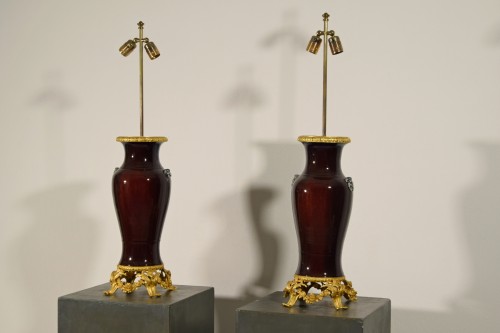 Pair Of Lamps Composed Of Ceramic Vase And Gilt Bronze Frame, France - 