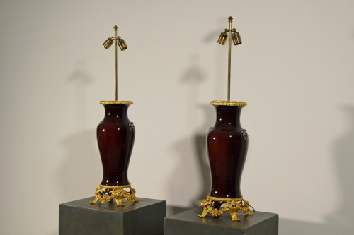 19th century - Pair Of Lamps Composed Of Ceramic Vase And Gilt Bronze Frame, France