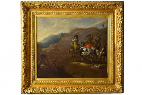 17th Century, Oil On Canvas Dutch Painting With Hunting Scene