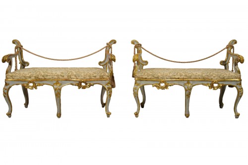 18th Century, Pair of Italian Baroque Lacquered and Gilt Wood Benches 