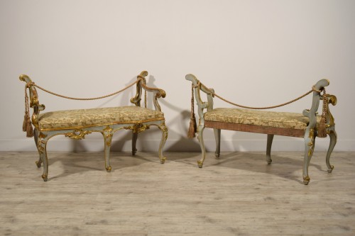 18th Century, Pair of Italian Baroque Lacquered and Gilt Wood Benches  - Louis XV