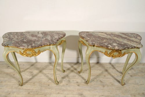 19th century - 19th Century, Pair of Venetian Lacquered Woos Consoles