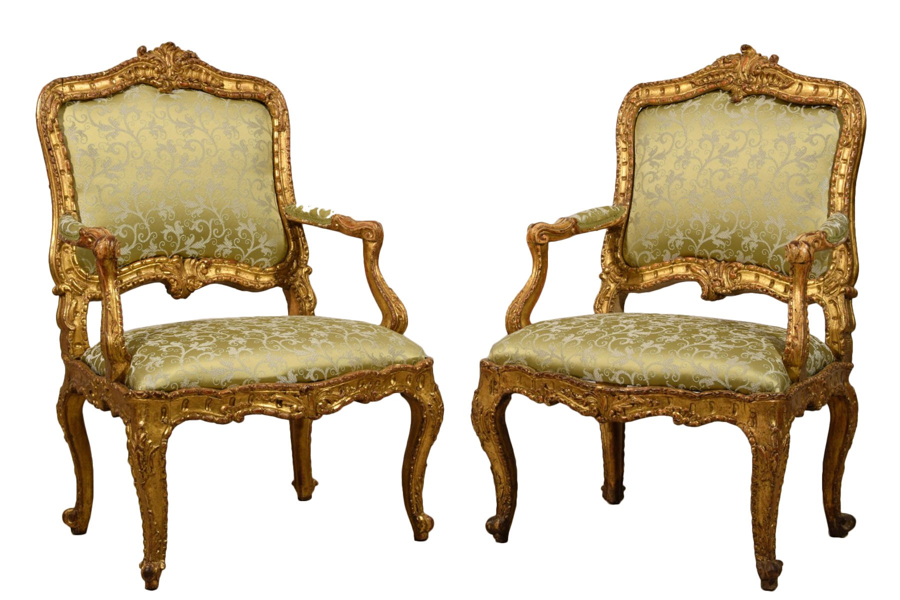 Louis XV Gilt Wood Arm Chair with Green Silk