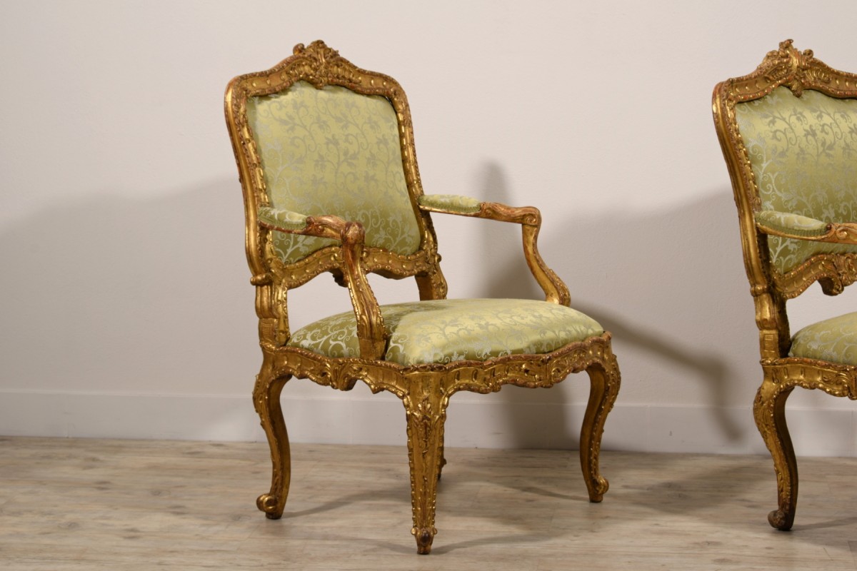 Louis XV Gilt Wood Arm Chair with Green Silk