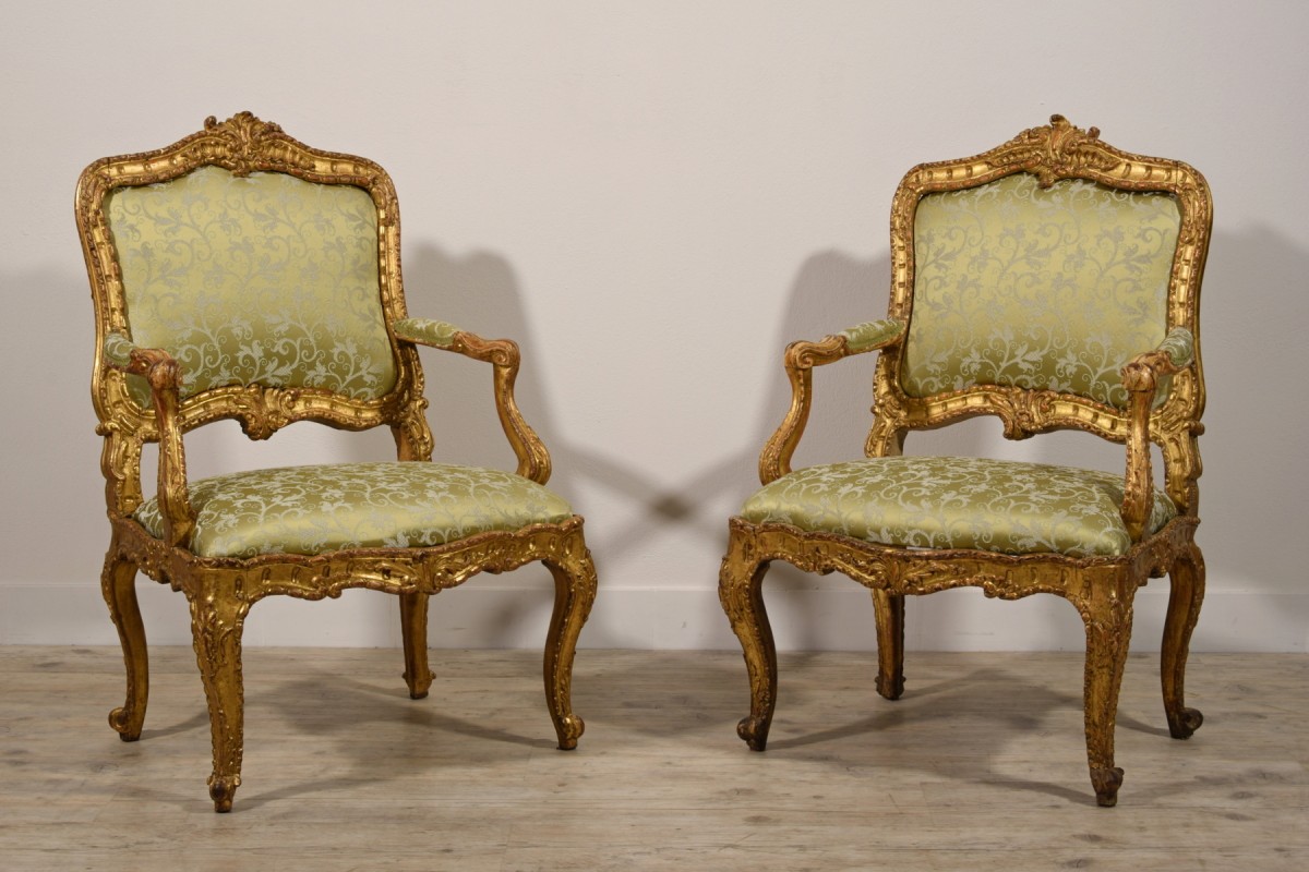 A Pair Of Italian 18th Century Louis XV/XVI Giltwood Throne Armchairs