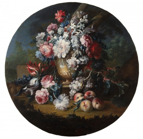 Michele Antonio Rapos, paire de nature morte avec fleurs et fruits, XVIIIe siècle - Tableaux et dessins Style 