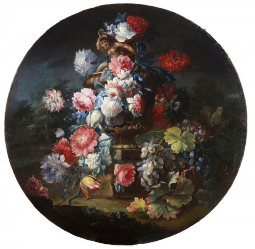 Tableaux et dessins Tableaux XVIIIe siècle - Michele Antonio Rapos, paire de nature morte avec fleurs et fruits, XVIIIe siècle