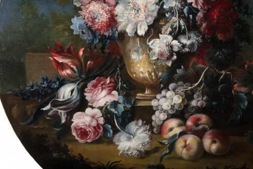 Antiquités - Michele Antonio Rapos, paire de nature morte avec fleurs et fruits, XVIIIe siècle