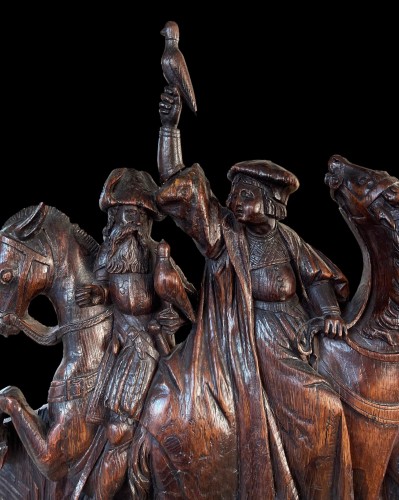 Sculpture  - Oak relief with Falconers. Brabant, early 16th century