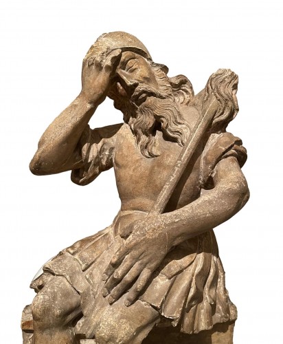 Sculpture en pierre calcaire d'un soldat endormi, France XVIe siècle - Sculpture Style Renaissance