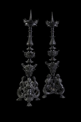 A Late 16th early 17th century Pair bronze pricket candlesticks - Lighting Style Renaissance