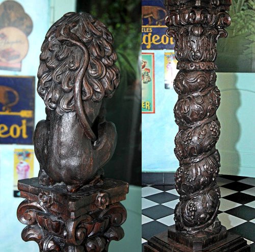 Sculpture  - Baroque Oak Column with Lion, Cologne 17th century