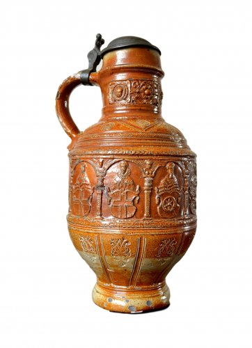 A pewter mounted stoneware jug.Raeren 1603