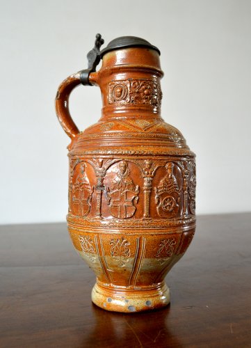 A pewter mounted stoneware jug.Raeren 1603 - Porcelain & Faience Style 