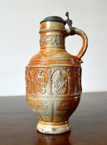 17th century - A pewter mounted stoneware jug.Raeren 1603