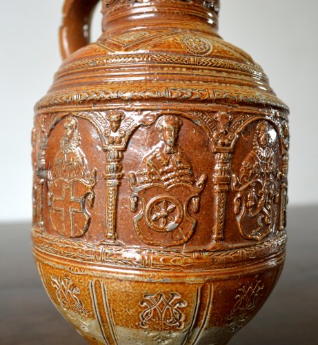 A pewter mounted stoneware jug.Raeren 1603 - 