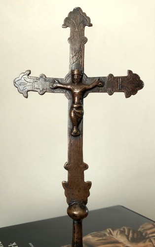 Religious Antiques  - A romanesque miniature copper procession cross.13th century