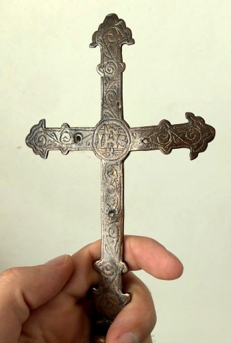 A romanesque miniature copper procession cross.13th century - Middle age