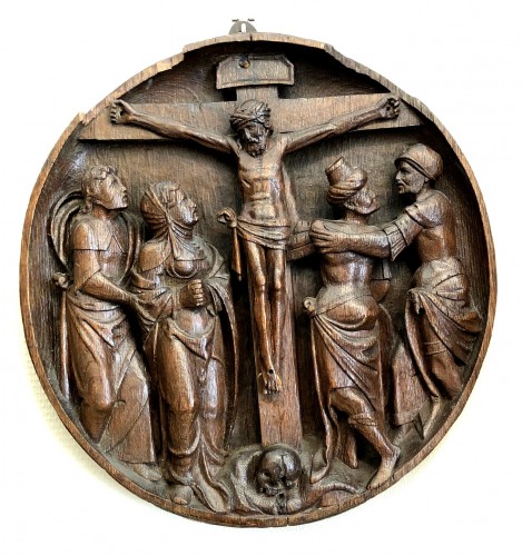 An oak Tondo of the crucifixion.Flemish 16th century